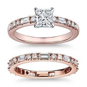 A bridal set that has fancy shaped diamonds in both the engagement ring and band.